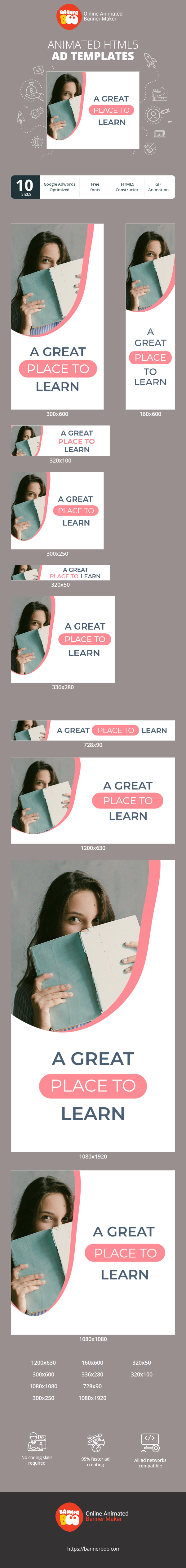 Banner ad template — A Great Place To Learn — 100 Courses For Free