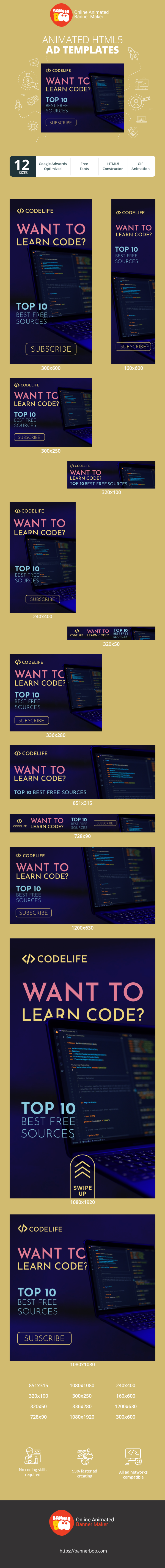 Banner ad template — Want To Learn Code? — Top 10 Best Free Sources