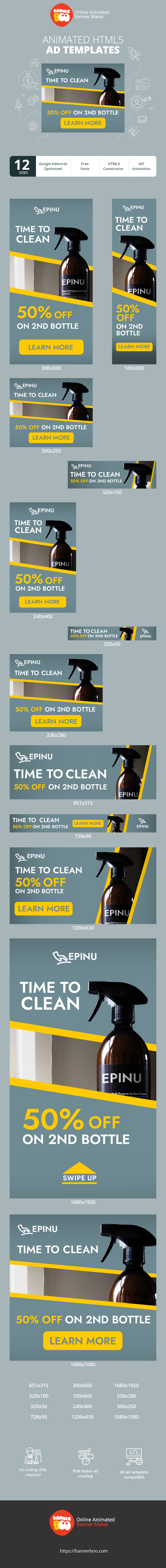 Banner ad template — Time To Clean — 50% Off On 2nd Bottle