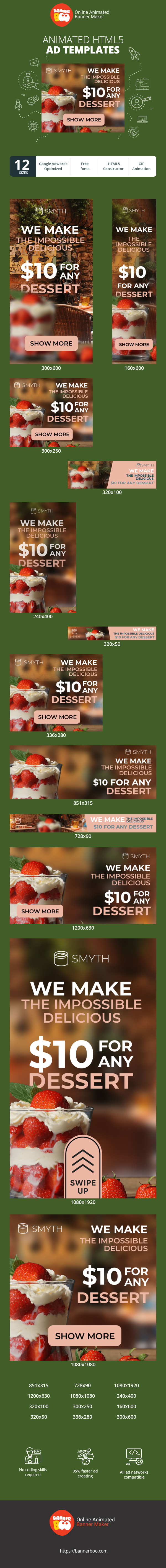 Banner ad template — We Make The Impossible Delicious — $10 For Any Dessert
