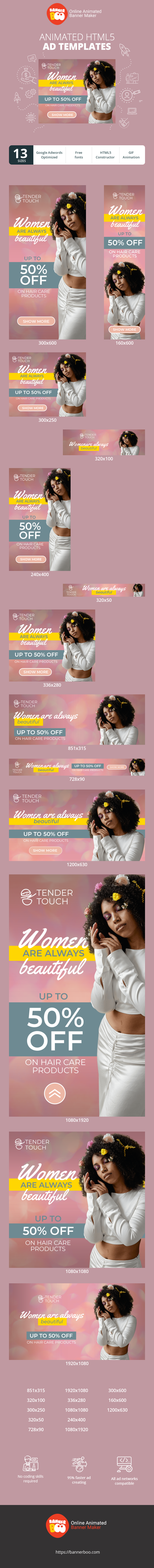 Banner ad template — Women Are Always Beautiful — Up To 50% Off On Hair Care Products