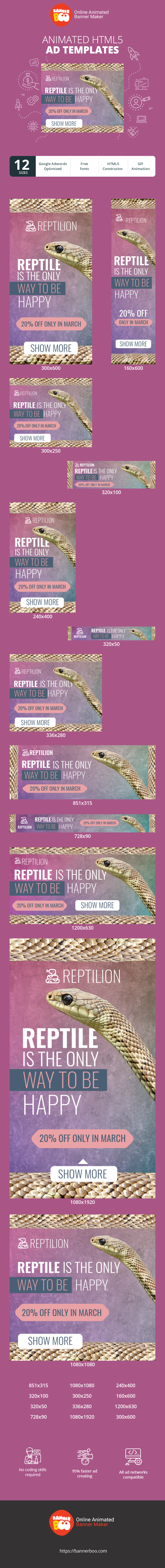 Szablon reklamy banerowej — Reptil ist der einzige Weg, glücklich zu sein — 20 % Rabatt nur im März