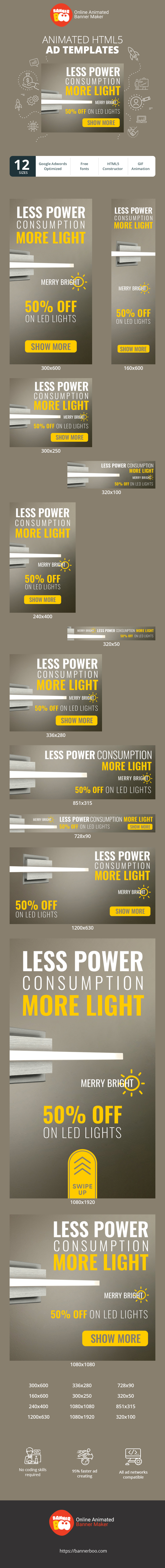 Шаблон рекламного банера — Less Power Consumption More Light — 50% Off On Ledlights