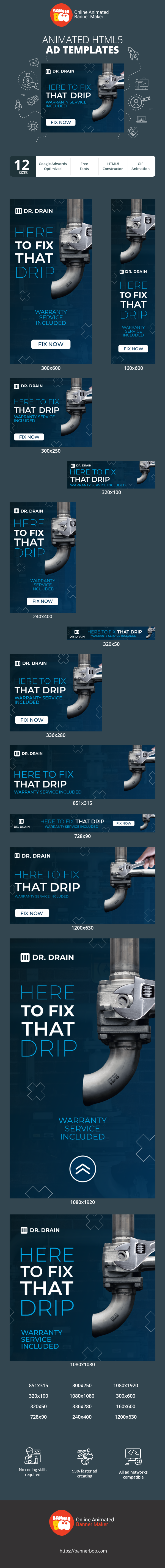 Banner ad template — Here To Fix That Drip — Warranty Service Included