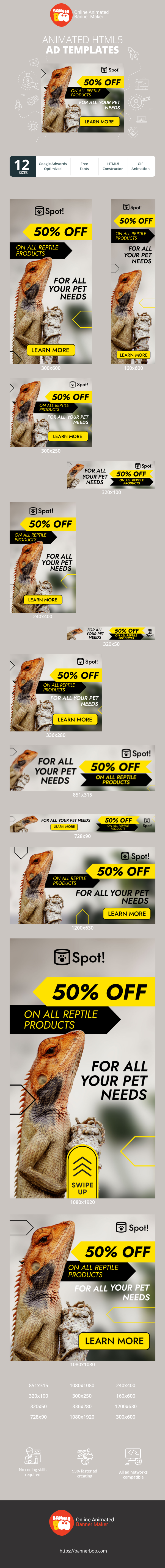 Banner ad template — 50% Off On All Reptile Products — For All Your Pet Needs