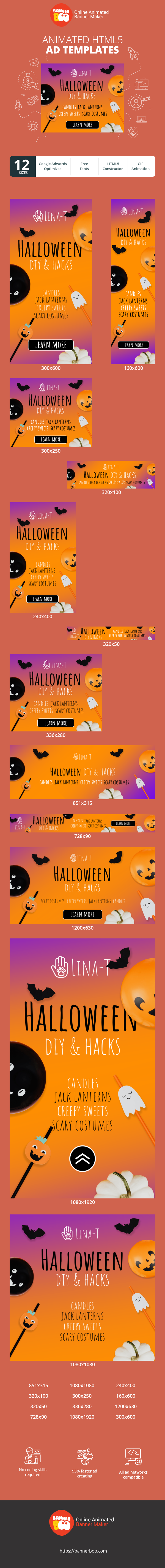 Banner ad template — Halloween Diy & Hacks — Candles Jack Laterns Creepy Sweets Scary Costumes