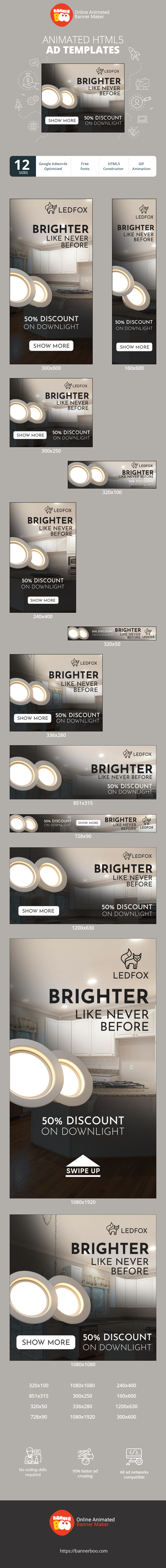 Шаблон рекламного банера — Світліше, ніж будь-коли раніше — знижка 50% на вбудовані світильники