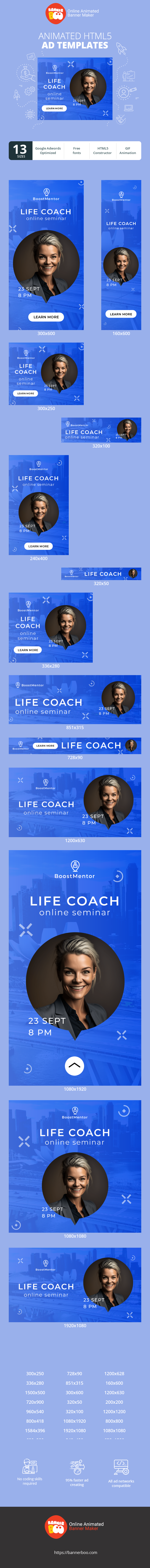 Шаблон рекламного банера — Life Coach — Online Seminar 23 Sept at 8 PM