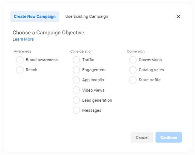 Facebook Ads Manager oferuje całą listę celów