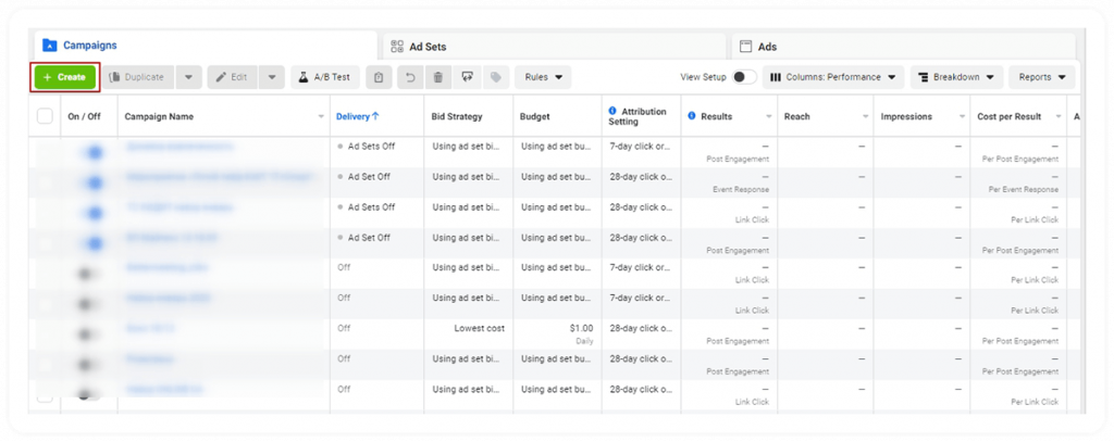Відкрийте Ads Manager і натисніть + Create на вкладці Campaigns